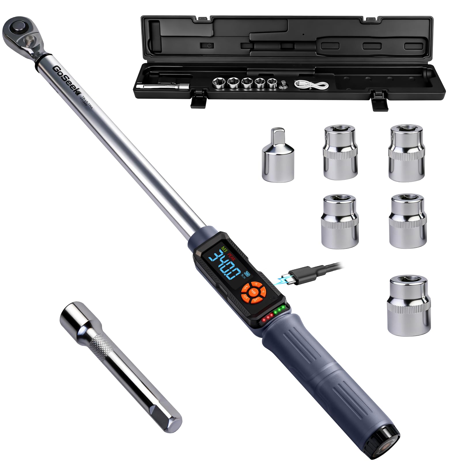 Goseek Chiave dinamometrica digitale aggiornata 1/2, 17-340 Nm, chiave dinamometrica digitale con cicalino e indicatore LED colorato, set di chiavi dinamometriche elettroniche per pneumatici auto per