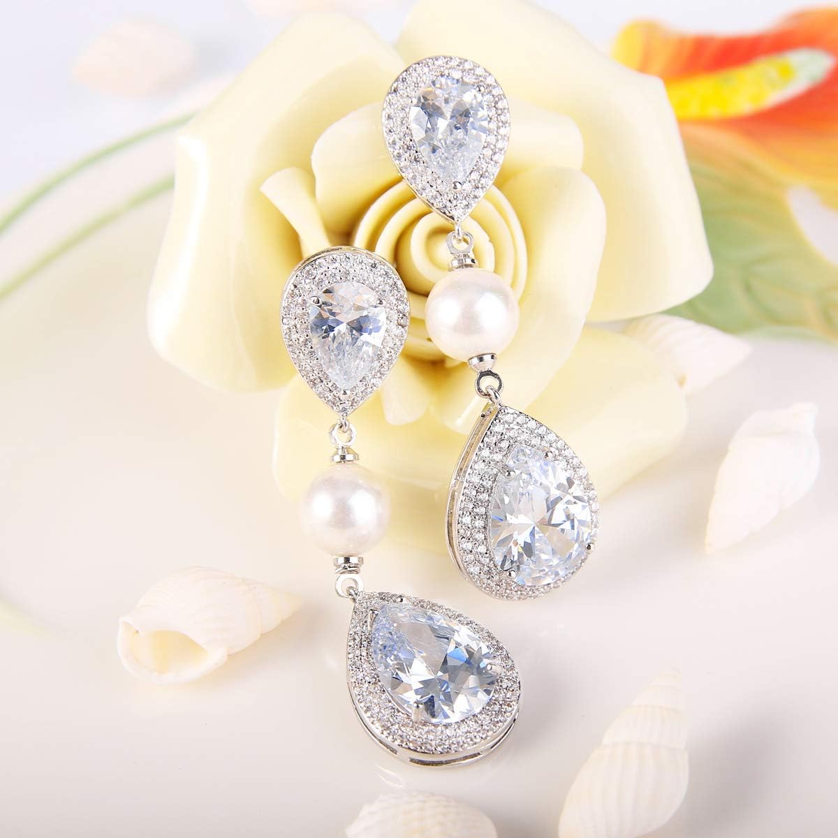 EVER FAITH Women's CZ Ivory Color Simulated Pearl Tear Drop Dangle Earrings Clear Silver-Tone - Image 3