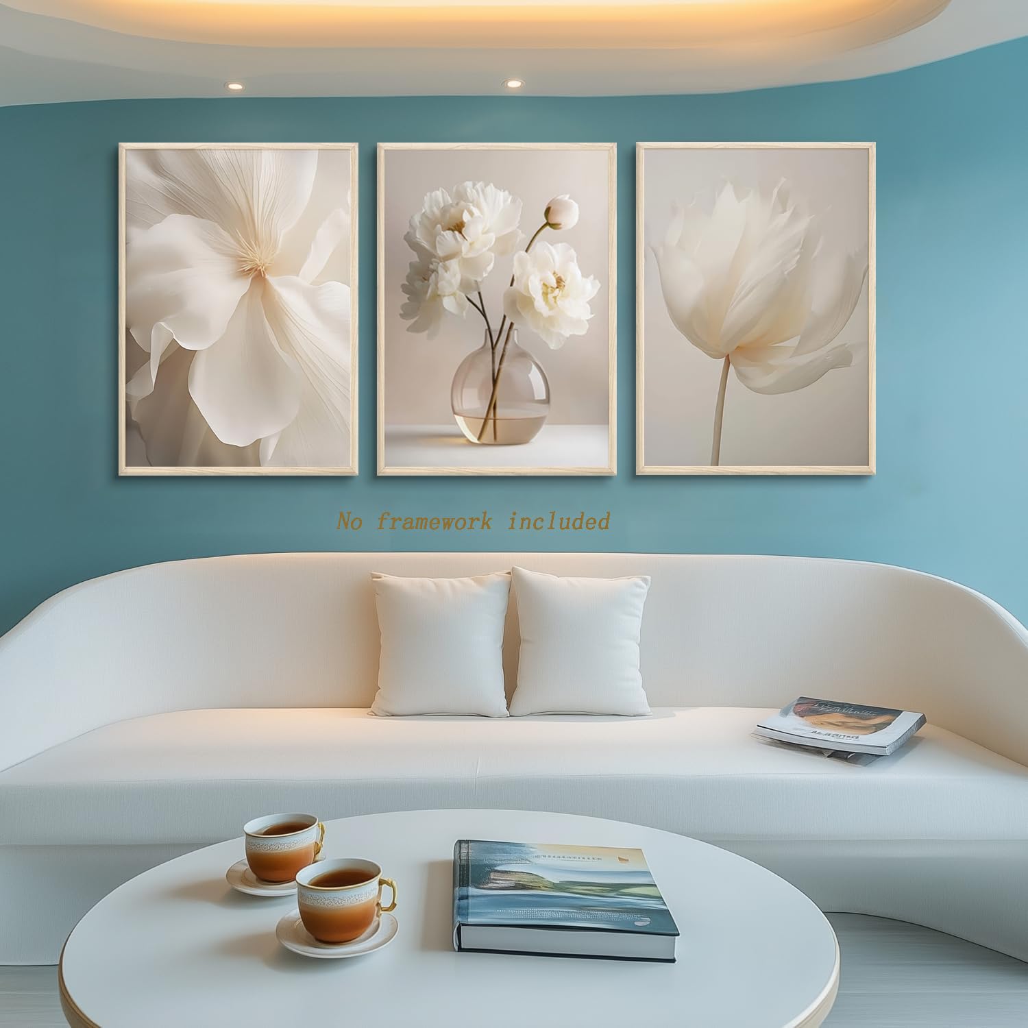 3 piezas de arte de pared de peonías blancas, decoración de pared floral beige, neutro, moderno, estético, impresiones en lienzo, perfecto para galería, dormitorio, sala de estar, decoración de pared