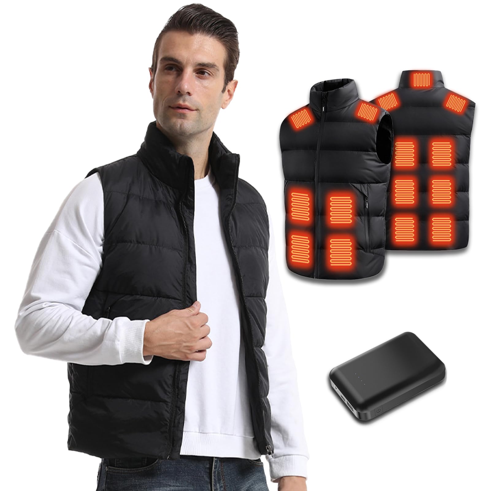 Chaleco Calefactable Hombre con Batería USB 10000mAh, 3 Temperatura Ajustable con 15 Zonas Calefactables, Chaqueta Térmica para Deportes Motorizados Viajes al Aire Libre Ciclismo Esquí