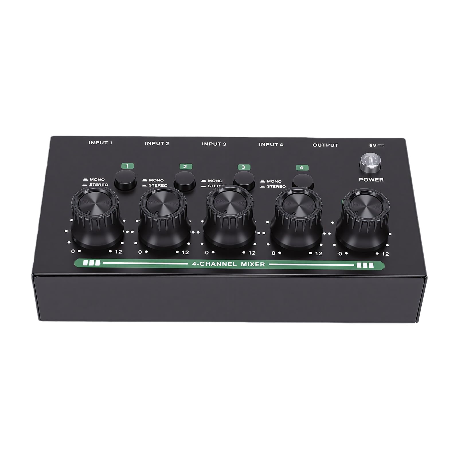 Bediffer Mixer a Basso Rumore a 4 per Registrazione in Studio Domestico, Mixer Stereo per Streaming Live, Alimentato a Batteria per Spettacoli All'aperto (Nero)