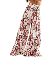 Lrady Women Wide Leg Palazzo Lounge Pants Printed Beach Summer Boho Tie-Waist Bell Bottoms Trousers