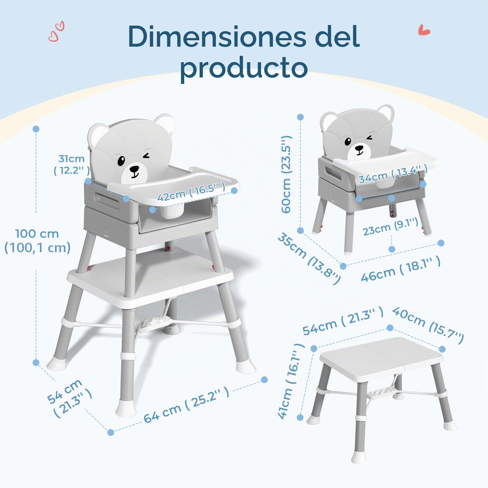 COOSEYA Trona Bebé 6 en 1 Convertible y Plegable, Silla Alta para Bebés y Niños, Trona Evolutiva con Bandeja Desmontable, Arnés de 5 Puntos y Cojín, Silla de Alimentación Portátil (Gris, 6 M - 36M)