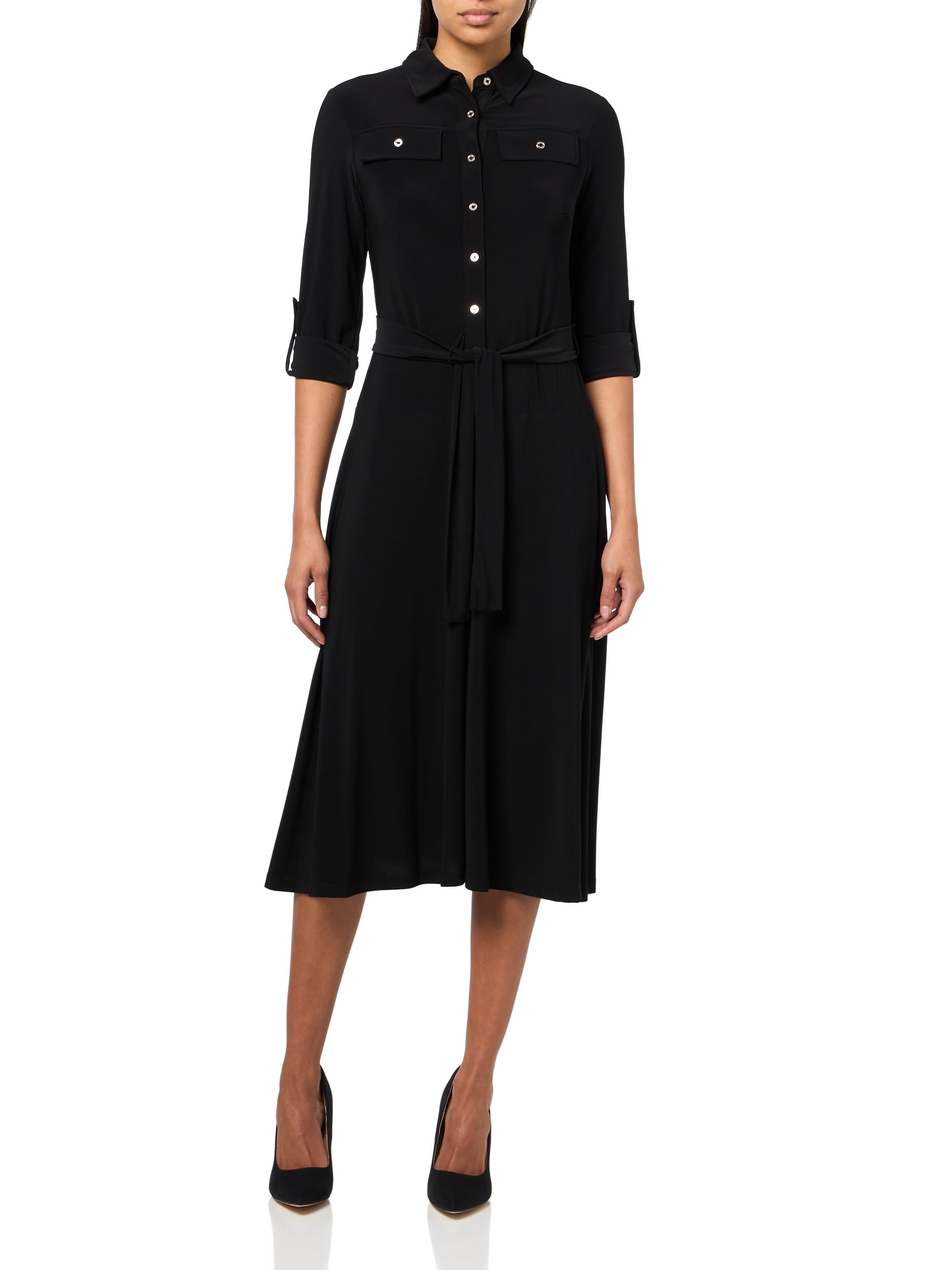 Women's Roll Tab Sleeves Collared Solid Jersey Shirtdress