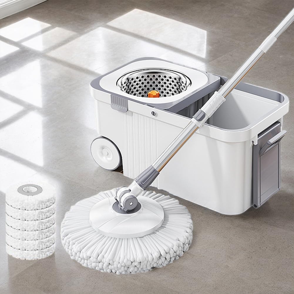 Limpieza del hogar, fregona giratoria automática con 6 recambios de cabezal de repuesto, mango extendido, fregona de deshidratación automática manos libres, fregona centrifugadora de