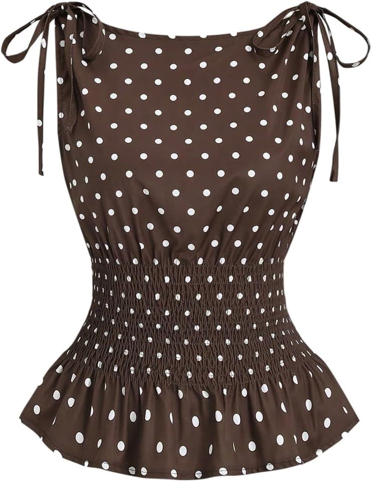 GORGLITTER Women's Polka Dots Boat Neck Tank Top Ruffle Tie Shoulder Smocked Going Out Y2k Vest Tops