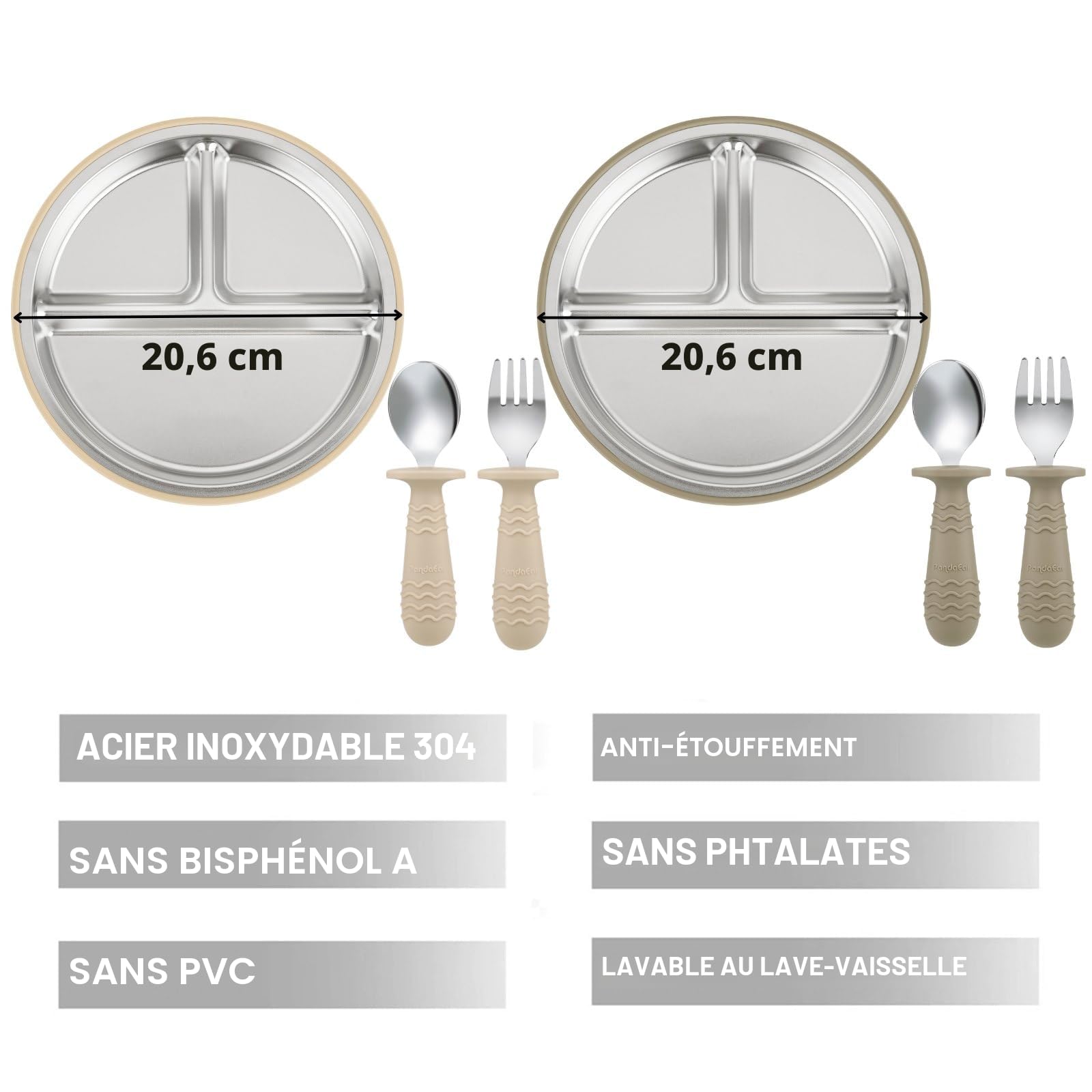 PandaEar Set De 2 Assiettes En Acier Inoxydable Avec Ventouse Pour Bébé Et Set De 2 Cuillères Et Fourchettes, Ustensiles Pour Bébé, Assiettes Divisées Pour L'Alimentation Autonome (Beige/Noyer)