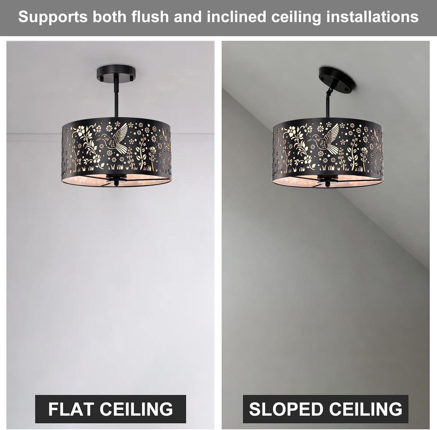 Semi Flush Mount Ceiling Light Fixture,White Parchment Metal Rustic Light Fixtures with Hummingbird Design,3-Lights Drum Industrial Black Chandeliers for Dining Room,Kitchen,Bedroom,Cabin
