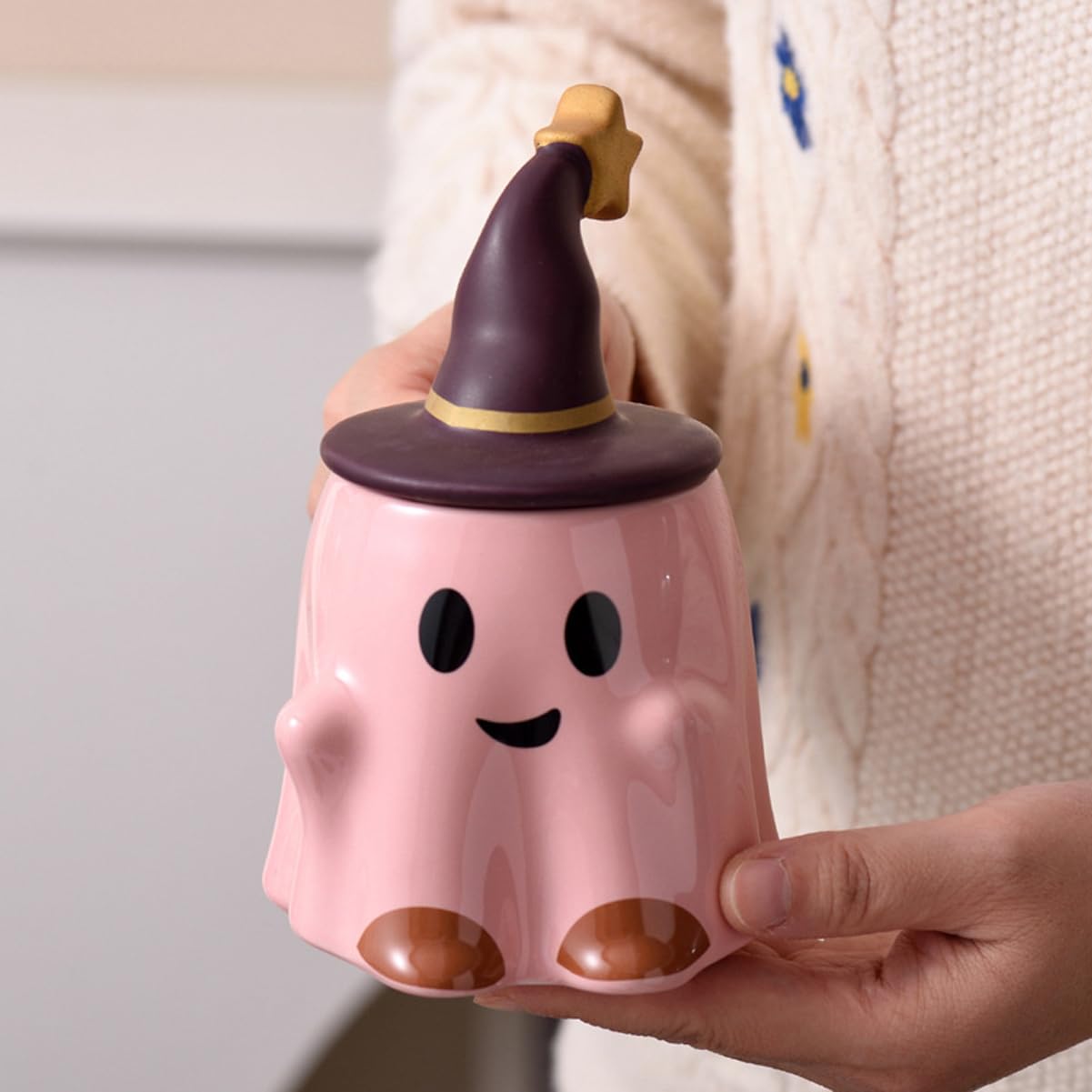 KKGUD Novelty Tea Cup, Ceramic 11oz Halloween Coffee Mug with Lid- Friendly Ghost (Pink), Friendly Ghost- Pink, Normal - Image 3
