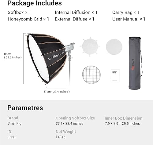 Miniatura 4 de SmallRig Luz de video LED de montaje Bowens de 120 W + caja de luz parabólica SMALLRIG de 33.5 pulgadas de liberación rápida