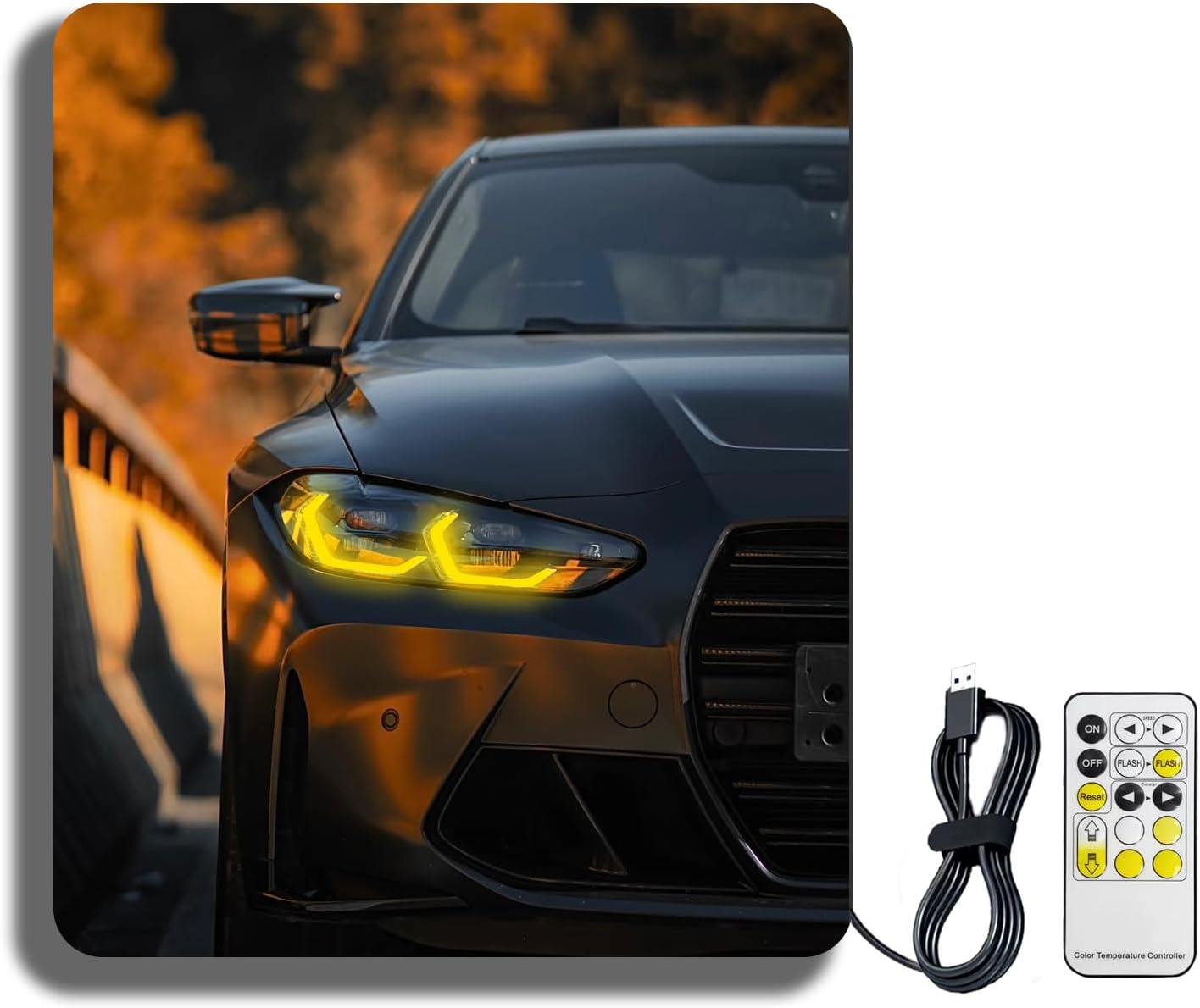 Remote Control LED Car Poster - Glow in The Dark Wall Art with Black Light, 5V USB Powered Adjustable Yellow/White Flashing Modes for Teen Boys Room Decor, Cool Party Supplies/Night Light Sign/Gifts
