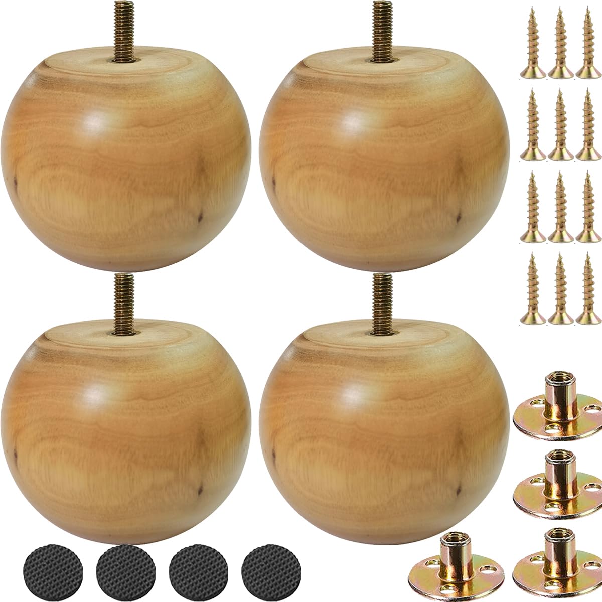 Jaswass 3 Inch Tall Wood Furniture Legs Round Bun Feet for Sofa Couch Cabinet Wooden Furniture Feet Soild Wood Replacement Bun Feet with Hardware Set