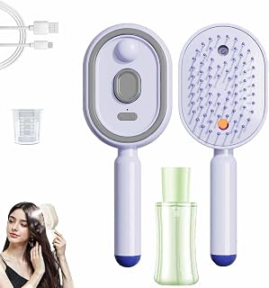 電動スチームヘアブラシ、充電式 ウォータースプレー付き、エアクッションミストブラシ、絡まり解消 静電気防止 うねり・パサつきケア、コンパクト 携帯用 ヘアケアブラシ 乾湿両用 (紫)