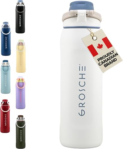 GROSCHE Kamloops Chug Lid 24oz Insulated Water Bottle - Stainless Steel, Leakproof Flask, Perfect for Gym, Travel & Outdoor Use, White, Canadian Brand! - 24 fl. oz, Ivory Mist