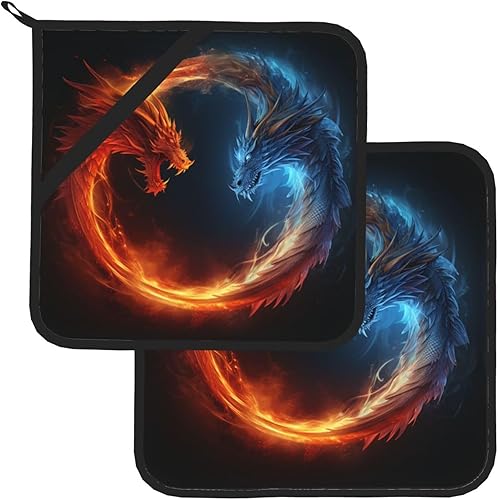 Miniatura 7 de Paquete de 2 soportes para ollas para cocina, resistentes al calor, con bolsillo, agarraderas para horno, dragones de fuego y hielo, almohadillas