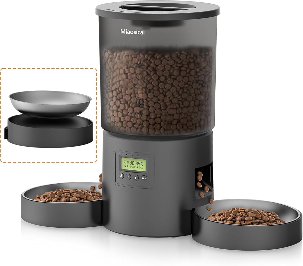 Comedero automático dual para gatos para 2 gatos, dispensador automático de alimentos secos de 4,2 L con cuencos dobles de acero inoxidable, fuente de alimentación dual, control de porciones programable, grabadora de voz 10s (negro transparente)