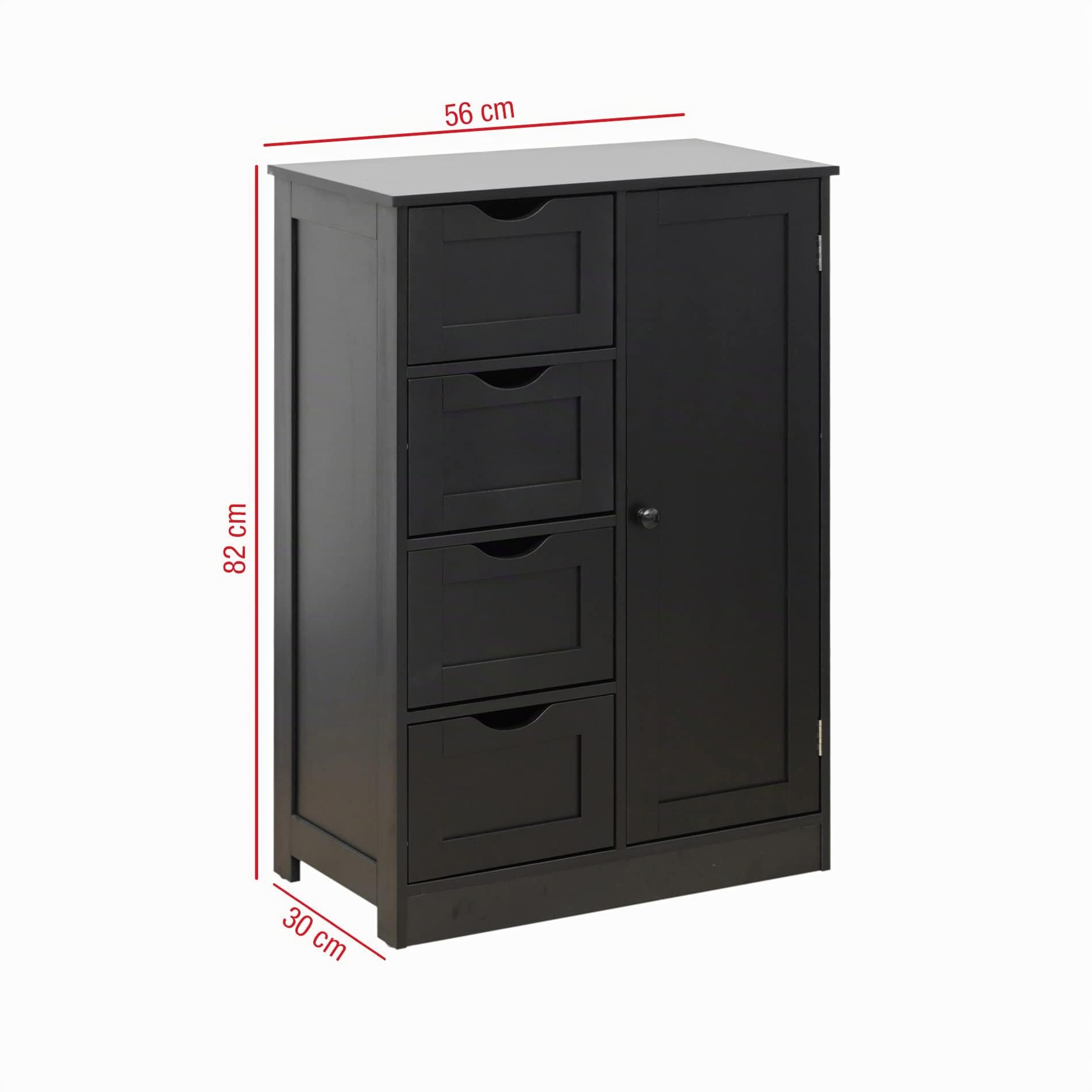 Rebecca Mobili Mobiletto Bagno, Armadietto Da Terra Ingresso, Nero Moderno, 1 Anta 4 Cassetti, Igienico Salvaspazio - Misura HxLxP: 82 x 56 x 30 cm - Art. RE6736