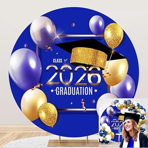 OERJU Blue Graduation Round Backdrop Cover Class of 2026 Graduation Round Backgr