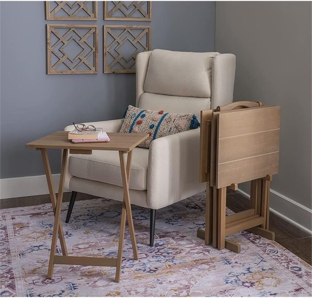 Atlin Designs 5-Piece Transitional Wood TV Tray Table Set, Gray Acacia Finish, Rubberwood and MDF, Foldable Design with Storage Stand, Planked Top, Rustic Home or Living Room Furniture
