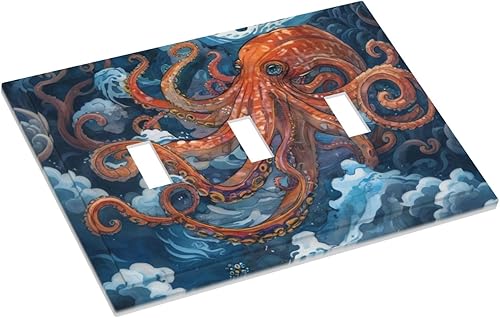 Miniatura 3 de Cubiertas decorativas para interruptor de luz de 3 segmentos, diseño de pulpo, monstruo, azul, olas marinas, 3 agujeros, placa frontal para