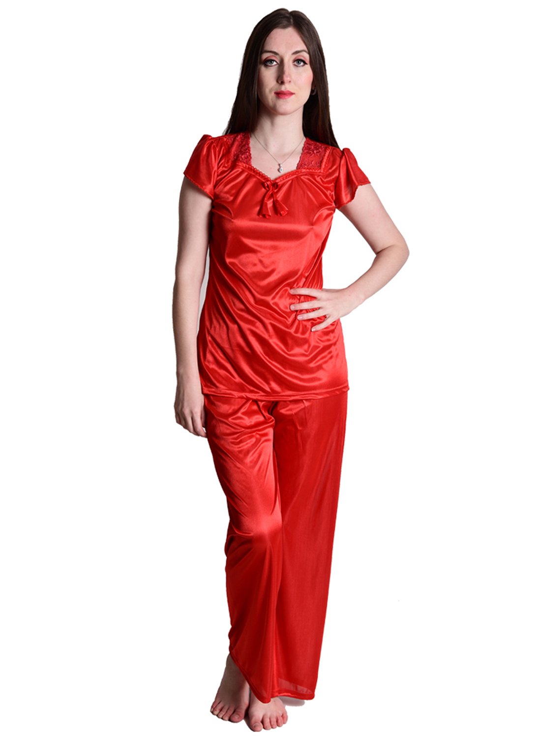 Women's Satin Plain/Solid Top and Pyjama Set Pack of 1 (SL008_Red_Large)