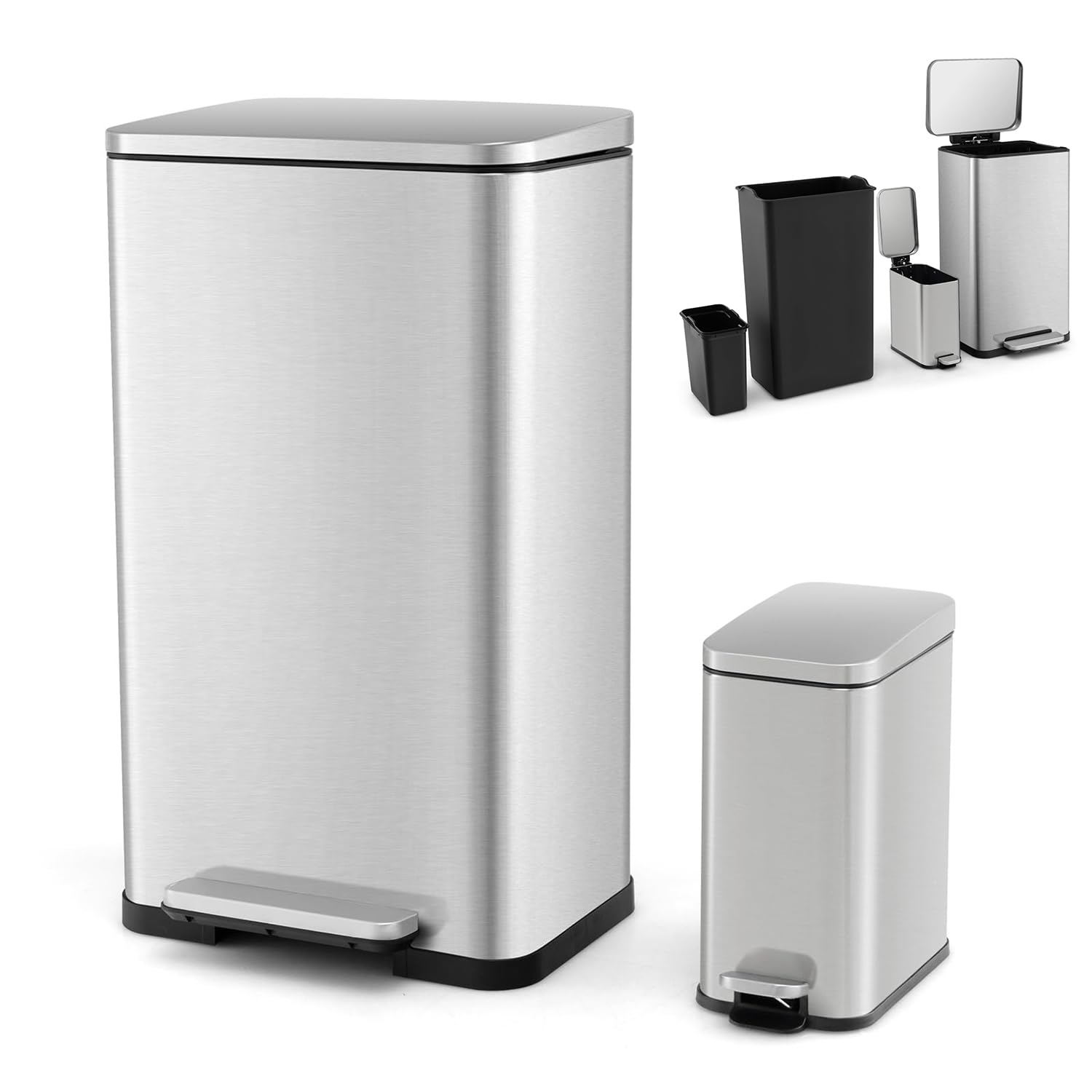 RELAX4LIFE Pattumiera Differenziata 2 Cestini 40L + 6L, Cestino Spazzatura in Acciaio Inox con Secchi Interni Rimovibili, Pedale a Mani Libere, Coperchio a Chiusura Morbida che Rimane Aperto