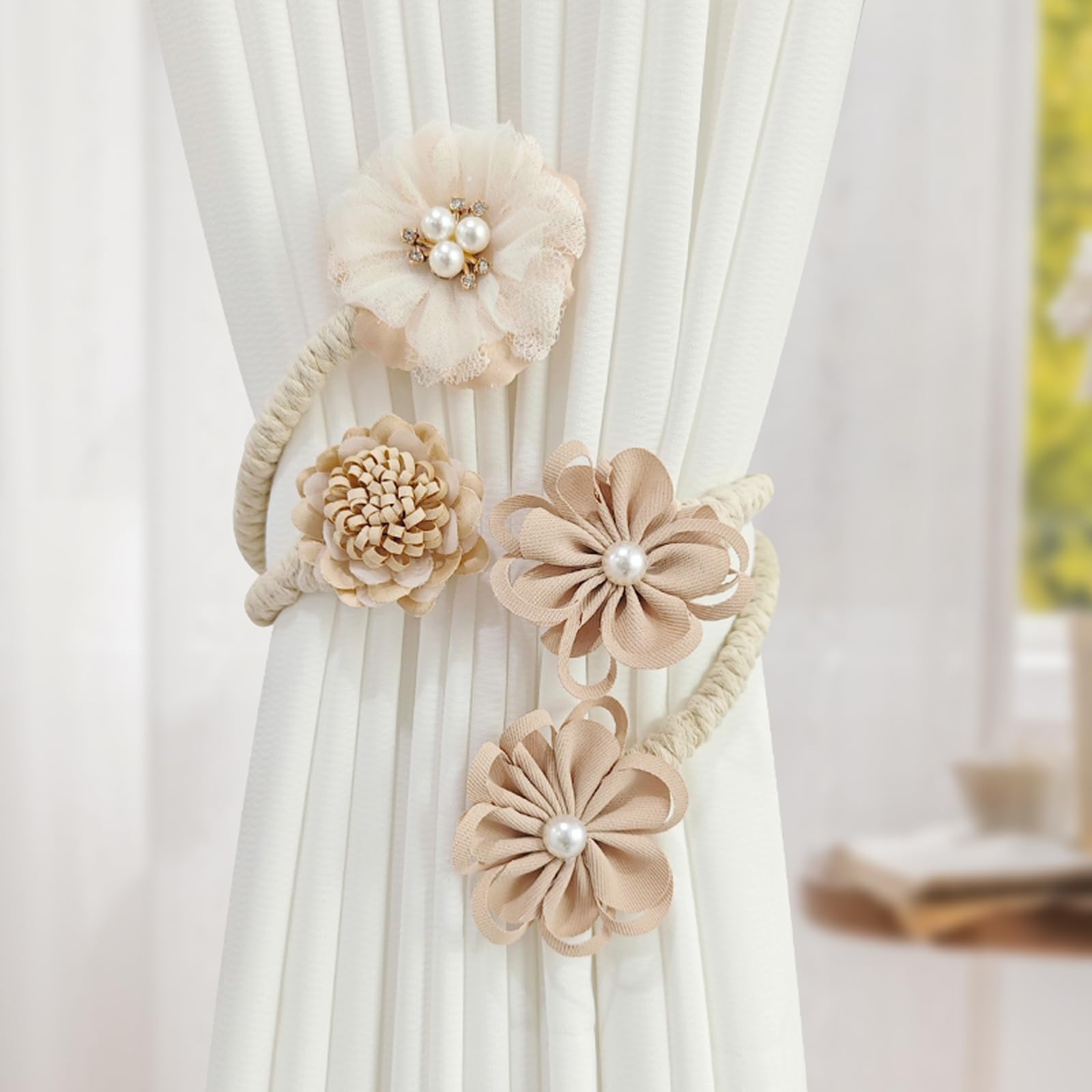 2 Embrasses Pour Rideaux Décoratives - Design Floral, Fil De Fer Et Polyester - Longueur 45cm - Couleur Beige
