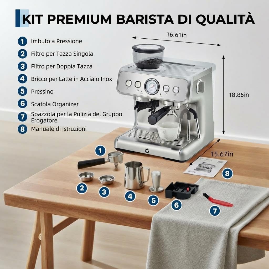 Macchina da caffè espresso semiautomatica con macinacaffè integrato - 20 bar di pressione - 30 livelli di macinatura - serbatoio 2,8L - montalatte a vapore per cappuccino e latte - acciaio