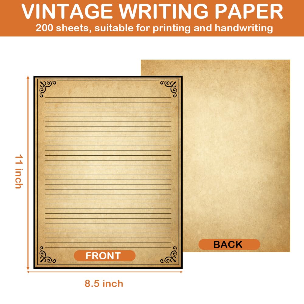 Papel rayado vintage con diseño de borde antiguo, 200 hojas, papel estacionario para escribir cartas, 100 g/m², 11 x 8.5 pulgadas, papelería envejecida para escribir cartas, invitaciones, papeles de