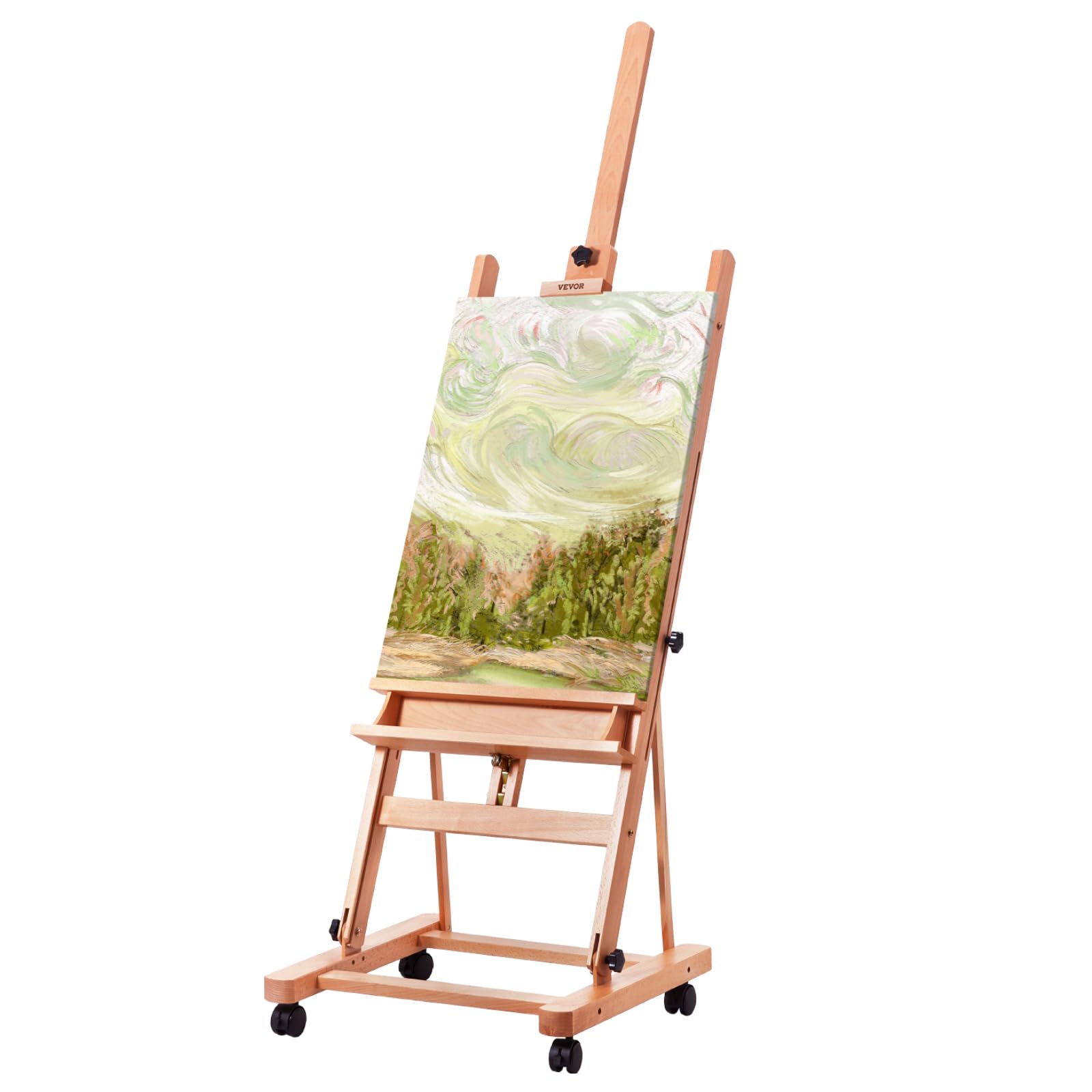 VEVOR Studio H-Frame Easel, Holds Canvas Art up to 48", Beechwood Artists Easel for Painting with Wheels and Large Storage Tray, 33 lbs Load Capacity