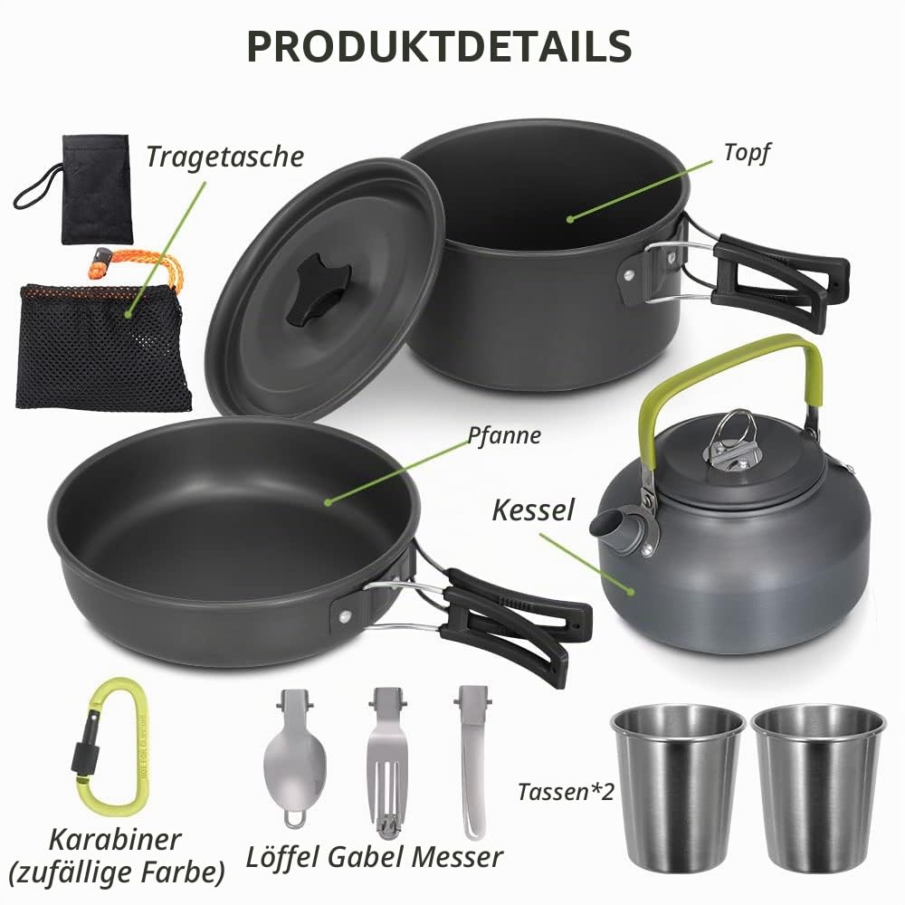 Lixada Camping Kochgeschirr Set Leichte Camping Topf Aluminium Pan Kettle Cups Löffel Gabel Cutter für Picknick Wandern Kochen Camping 2-3 Personen