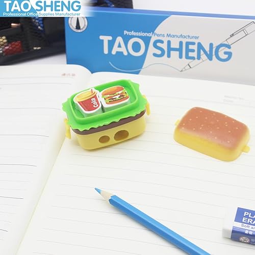 Miniatura 5 de Sacapuntas Hamburger, de plástico de doble agujero, portátil, con contenedor y borrador para niños, adultos, profesores, artistas, viajes, escuela,