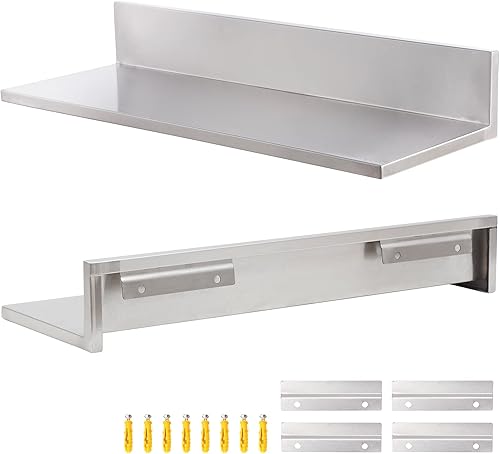 Estante de pared de acero inoxidable de 8.6 x 24 pulgadas, 60 libras, 2 paquetes de estantes flotantes comerciales en forma de L para cocina,