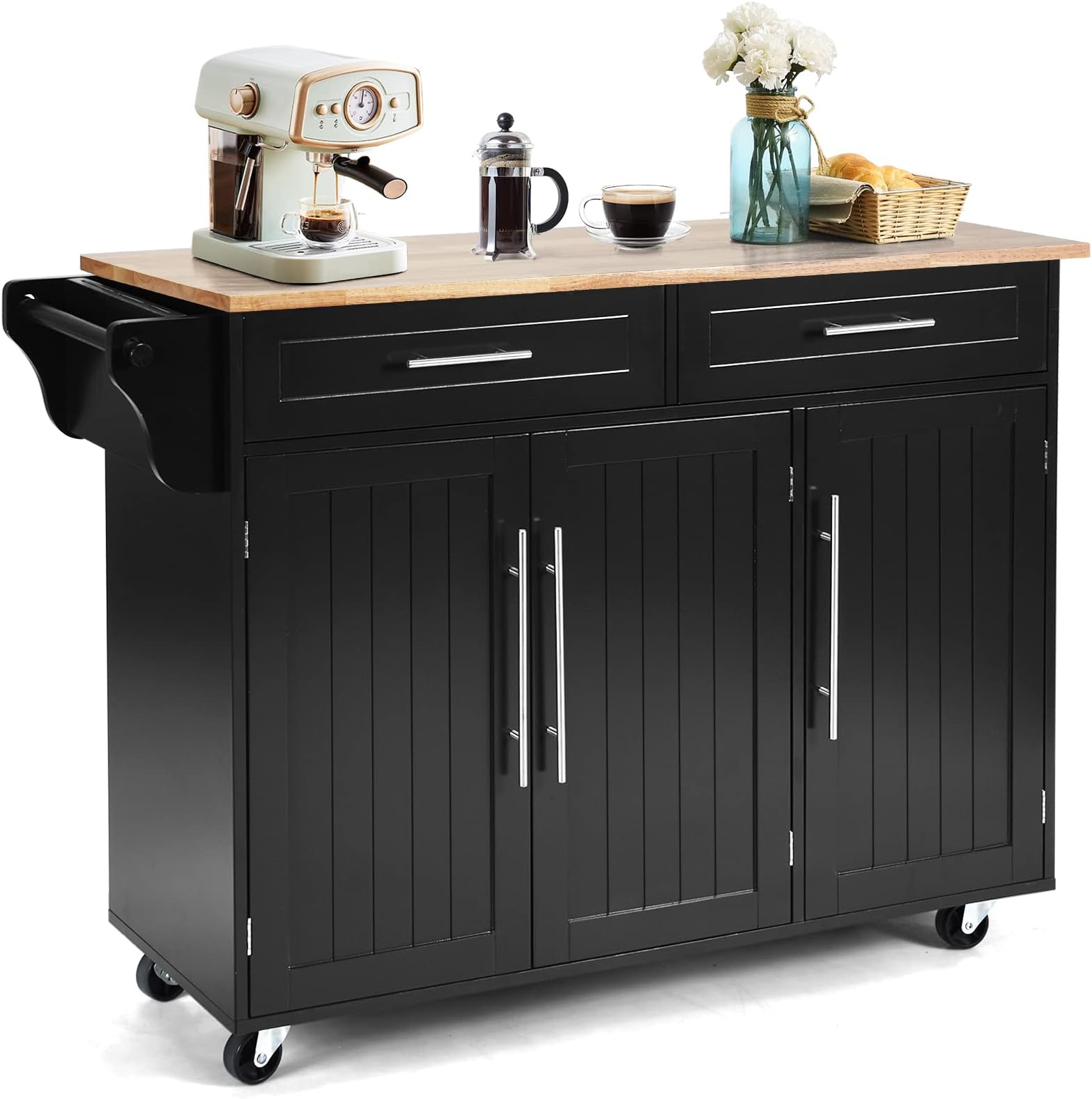 Chariot De Cuisine Mobile Avec Plan De Travail - Armoire, Tiroir, étagères à épices, 4 Roues - 82x50x92 Cm, Noir Ou Blanc - 4