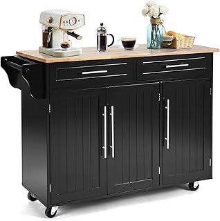 Giantex Mobile Kitchen Island Cart, Rolling Storage Trolley with Towel Bar, 2 Deep Drawers, 3 Door Cabinets, Swivel Caster...