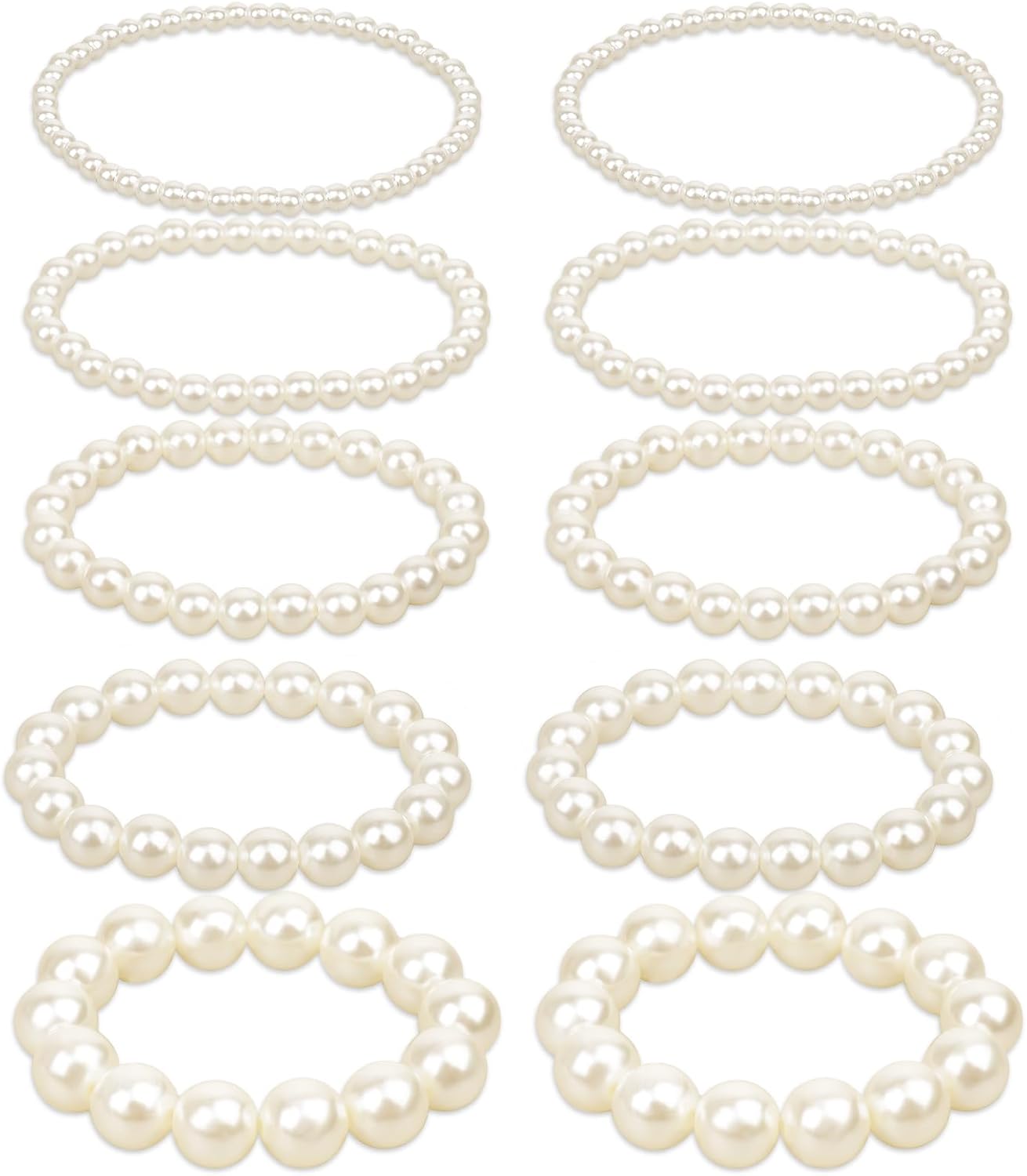 Alrhso 10PCS Chunky White Faux Pearl Stretch Bracelets for Women - Bridal Wedding Costume Jewelry Set