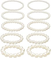 Alrhso 10PCS Chunky White Faux Pearl Stretch Bracelets for Women - Bridal Wedding Costume Jewelry Set