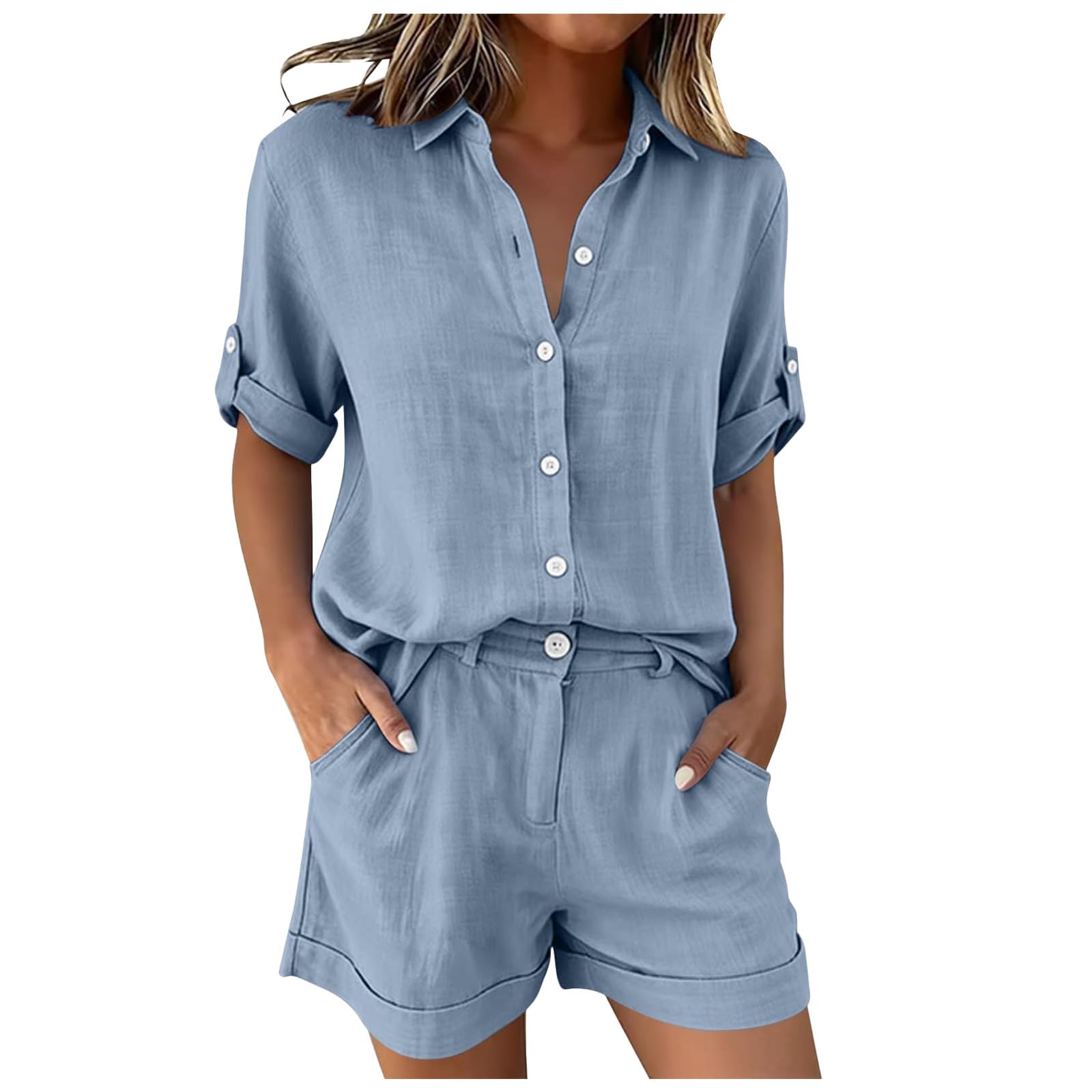 Genérico Conjunto Dos Piezas Mujer Verano Algodón Lino Camisa Manga Corta Cuello en V Botones Suelto Pantalones Cortos Color Sólido Casual Elegante Playa Vacaciones Oficina con Bolsillos