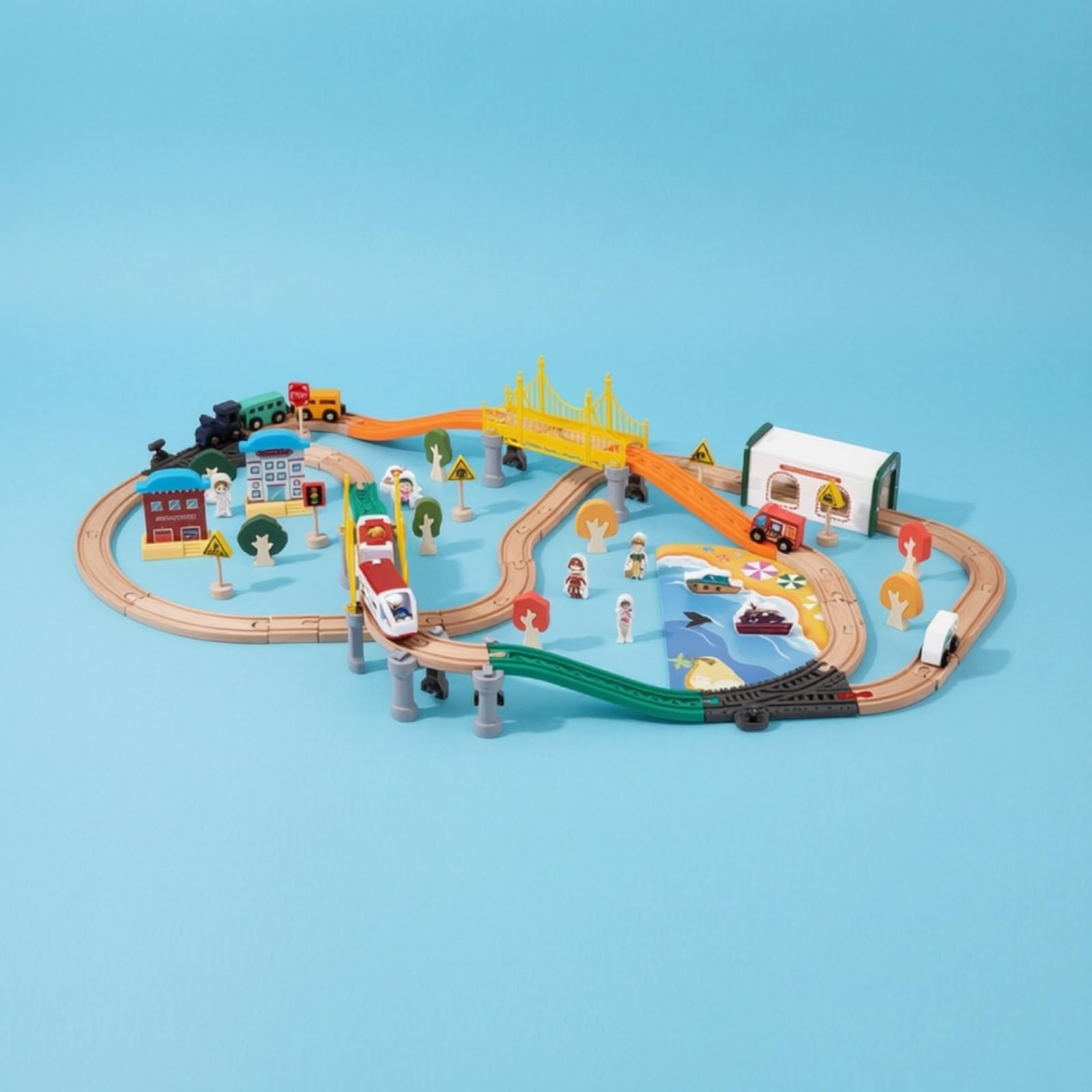 Children Electric Train Set Trenino Elettrico Giocattolo Pista Legno Plastica Set Binari Ponti Edifici Segnali Alberi Città Giocattolo Educativo
