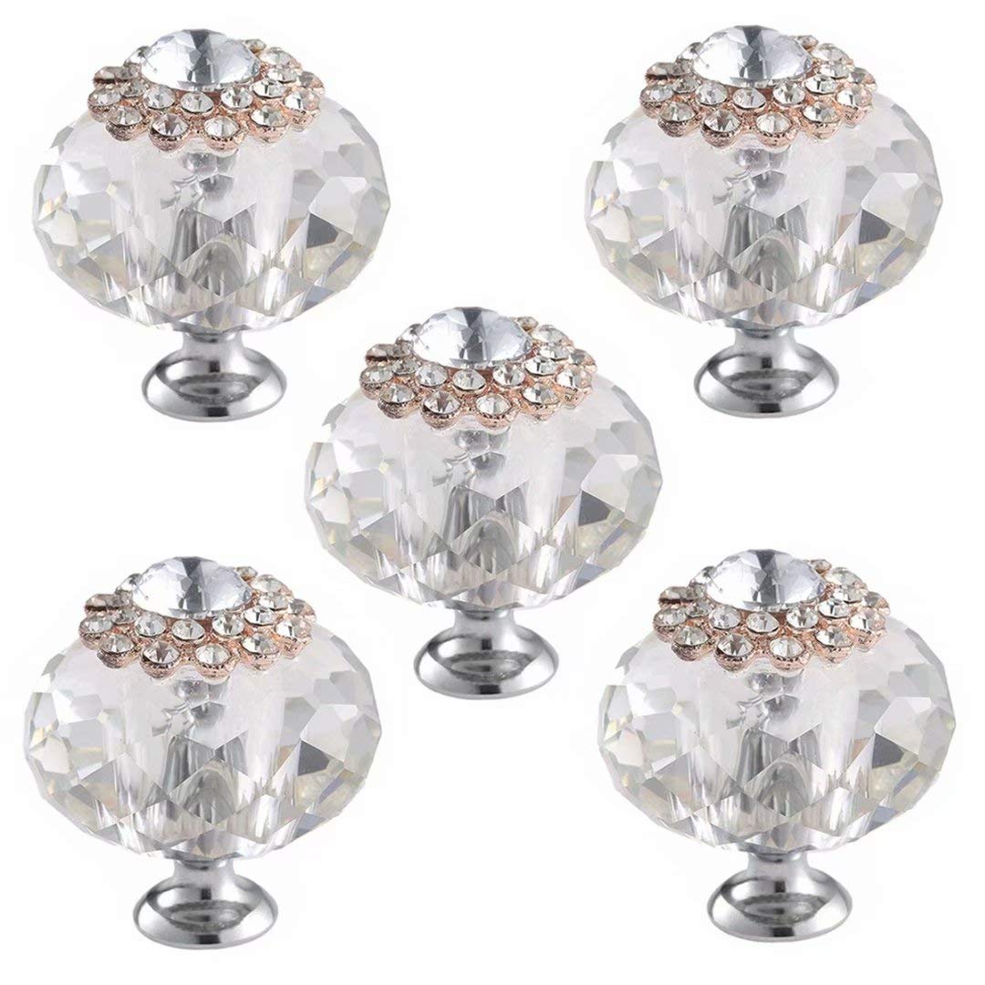 Pomelli da 40 mm in Vetro Trasparente in Lega di Zinco Maniglioni per mobili Comò Cassetti Guardaroba Armadio Confezione da 5 Pezzi (Diamante)