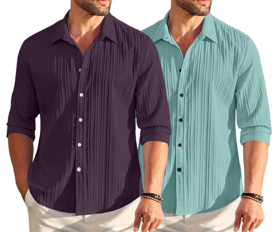 Image of FINIVO FASHION Men's Cotton Blend Shirt Set Lightweight, Full Sleeves, Plain Texture, Button Closure, Summer Ready (Pack of 2)