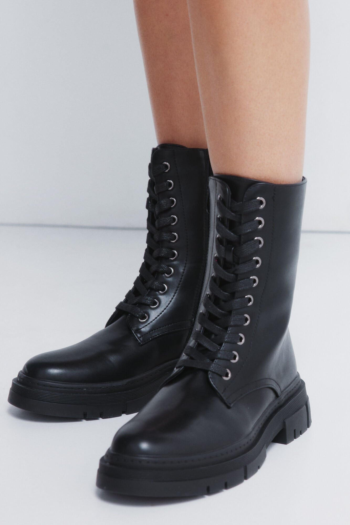 SPRINGFIELD Black PU Military Boot, Bota Militar Mujer