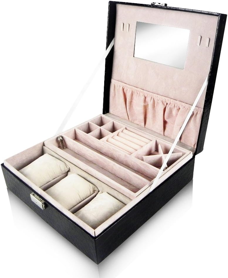 Jewelry Treasure Box – Black Leather Jewelry and Watch Organizer Storage Case with Lock & Mirror | Black | 851.3