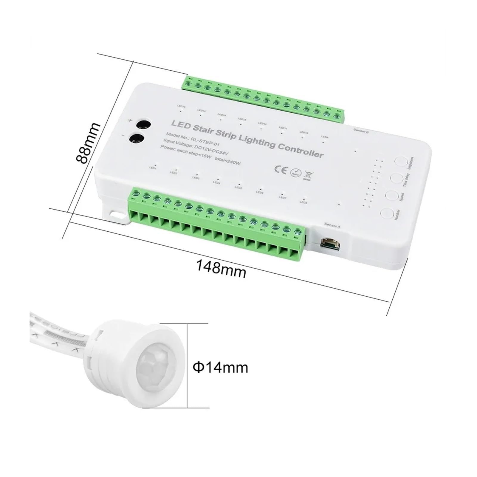 Regolatore Di Gradini A LED A 16 Vie Con Sensore Di Movimento PIR, Luce Notturna Con Dimmer, Luce Ambientale Flessibile For Interni 12V/24V(Only Controller)