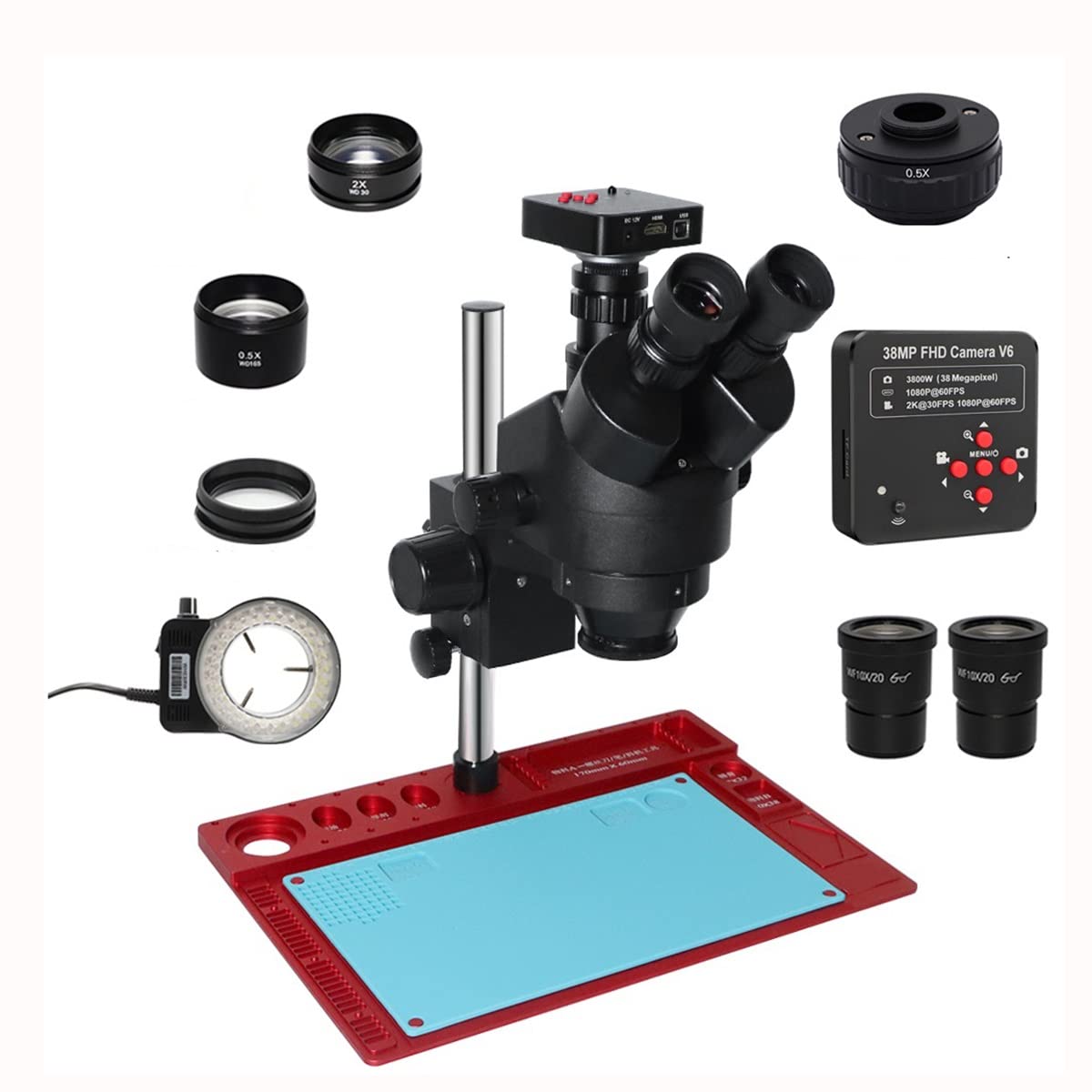 Microscope 3.5X-90X Trinocular Industry Microscopio Zoom Magnification Circuit Inspection Stereo Microscope with 56 LED Light C-Mount Lens(38MP 0.5X C Mount)