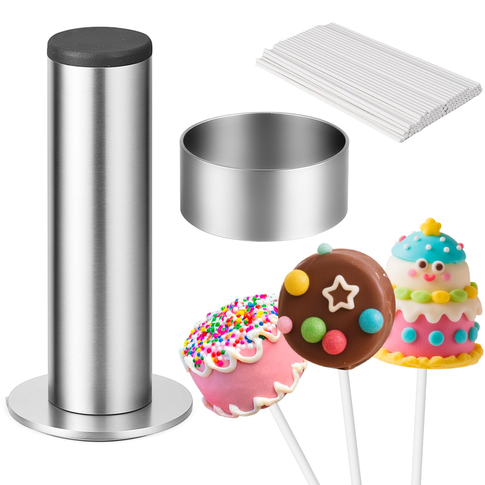 Juome Cake Pop Mold Kit, Stainless Steel Circle Cake Pop Cutter and Pusher Cake Pop Maker with Sticks, Round Cake Pop Shapes Supplies Accessories,