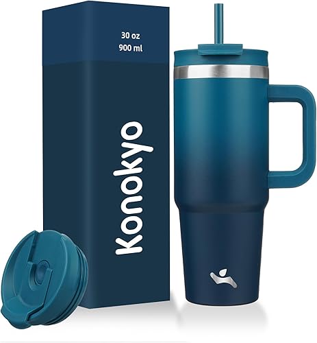 Miniatura 28 de Vaso de 40 onzas con asa y 2 pajillas, botella de agua aislada 2 en 1 con tapa. Taza de viaje de acero inoxidable para café, flores de cerezo Azul