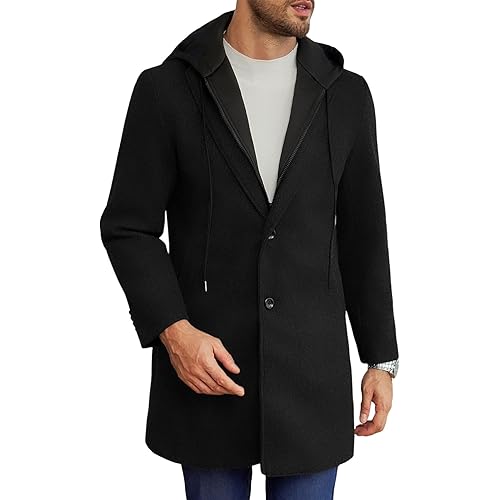 Runcati Mens Trench Coat Single Breasted Mid-Long Pea Coat Classic Winter Business Jacket with Detachable Hood