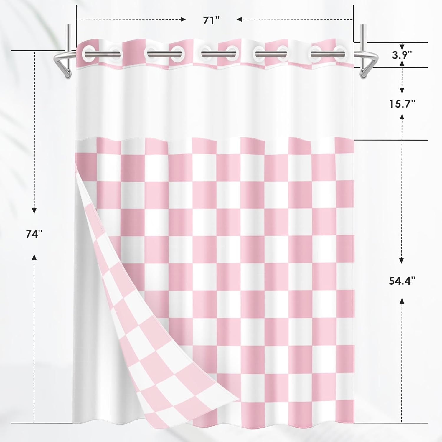 No Hook Pink Checkered Shower Curtain with Snap in Fabric Liner Set, Checkerboard Aesthetic Double Layers Waterproof Fabric with See Through Top Window Open Grommet Bath Curtain 71x74 Inch