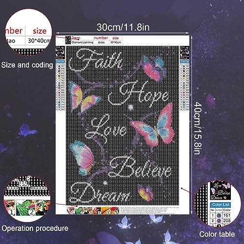 Diamond Painting Kits for Adults, 5D Diamond Painting Butterfly Text Art DIY Round Drill Diamond Art Faith Hope Love, Valentine's Day Gift 11.81x15.75 inches - Thumbnail 2